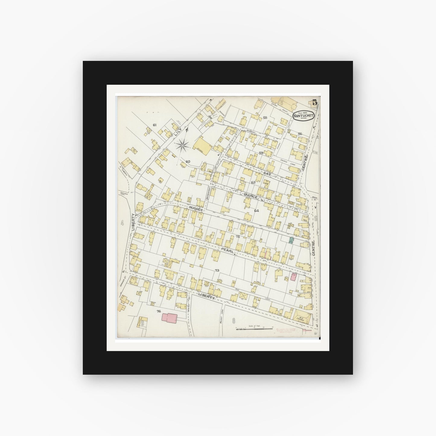 Old map wall art mockup — black gallery frame with white mat — Sanborn Fire Insurance Map from Nantucket, Nantucket County, Massachusetts (1892), Sheet #0005
