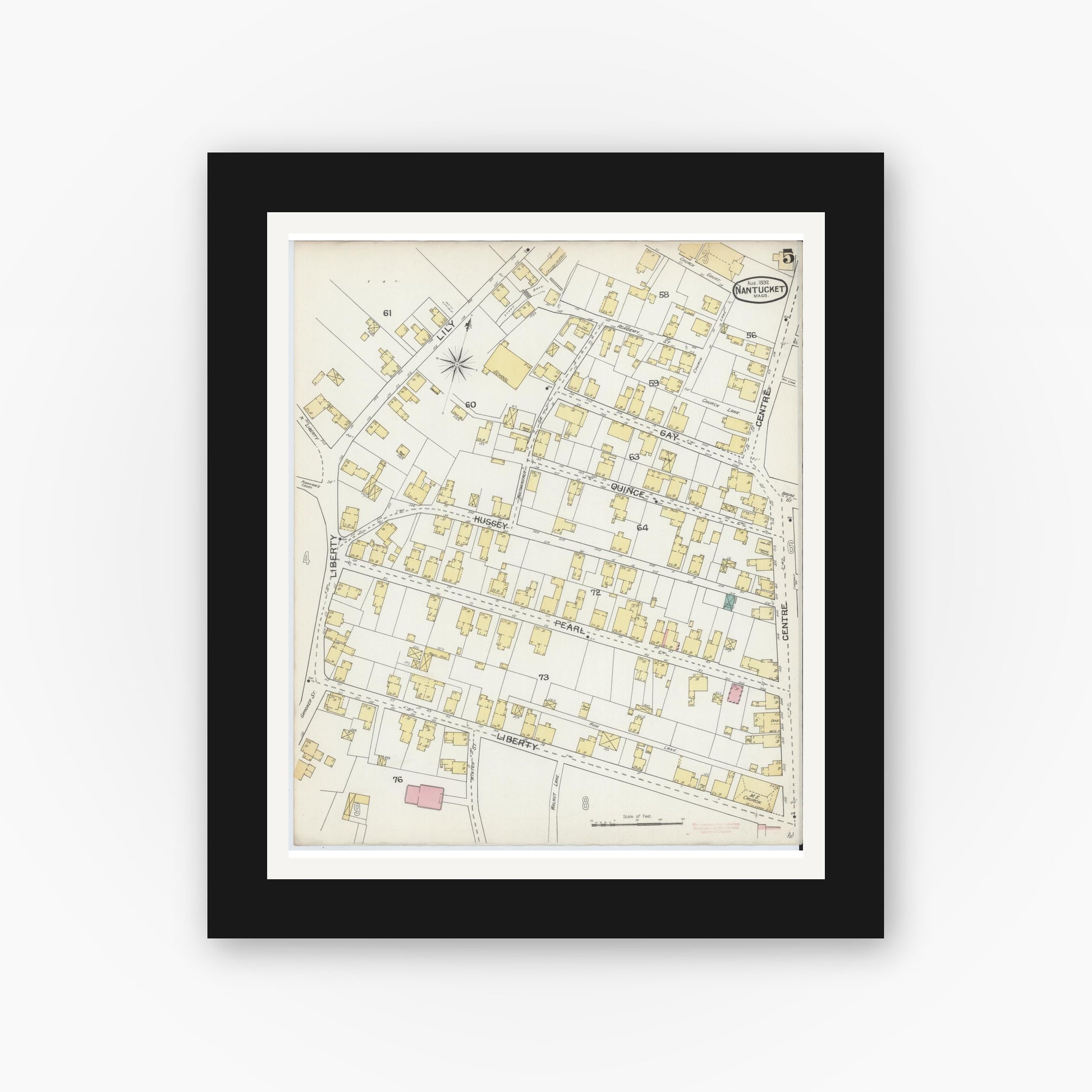 Old map wall art mockup — black gallery frame with white mat — Sanborn Fire Insurance Map from Nantucket, Nantucket County, Massachusetts (1892), Sheet #0005