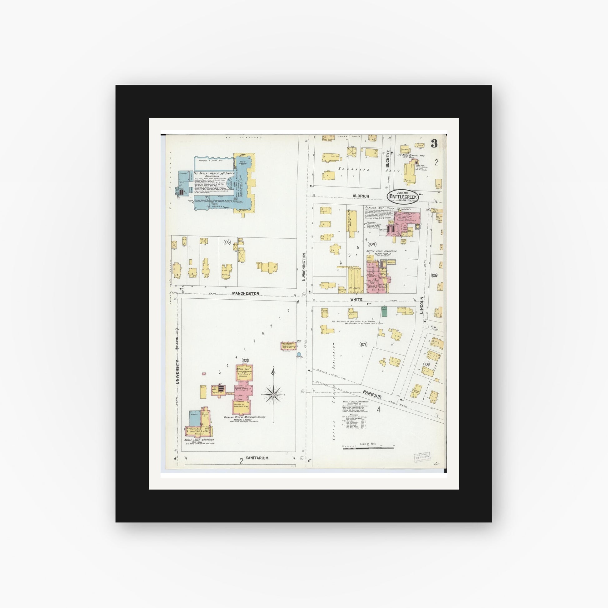 Old map wall art mockup — black gallery frame with white mat — Sanborn Fire Insurance Map from Battle Creek, Calhoun County, Michigan (1902), Sheet #0003