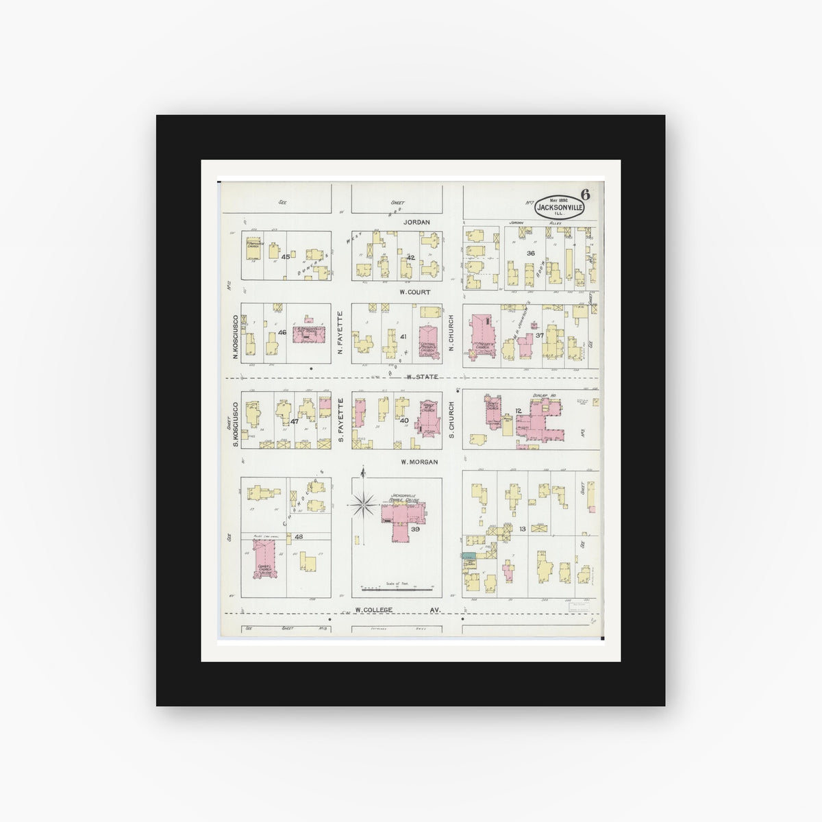 Old map wall art mockup — black gallery frame with white mat — Sanborn Fire Insurance Map from Jacksonville, Morgan County, Illinois (1892), Sheet #0006
