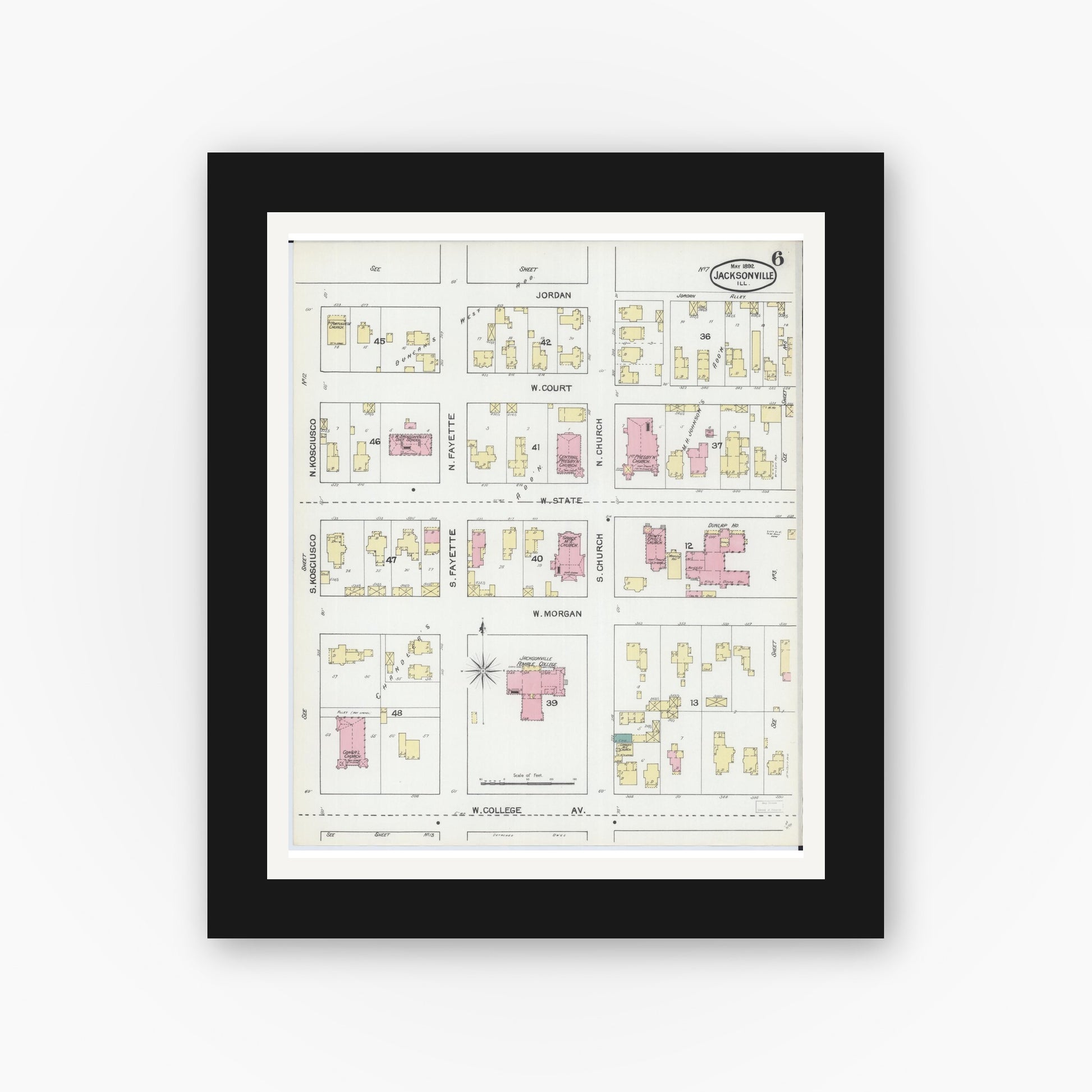 Old map wall art mockup — black gallery frame with white mat — Sanborn Fire Insurance Map from Jacksonville, Morgan County, Illinois (1892), Sheet #0006