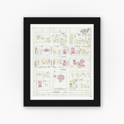 Old map wall art mockup — black gallery frame with white mat — Sanborn Fire Insurance Map from Jacksonville, Morgan County, Illinois (1892), Sheet #0006