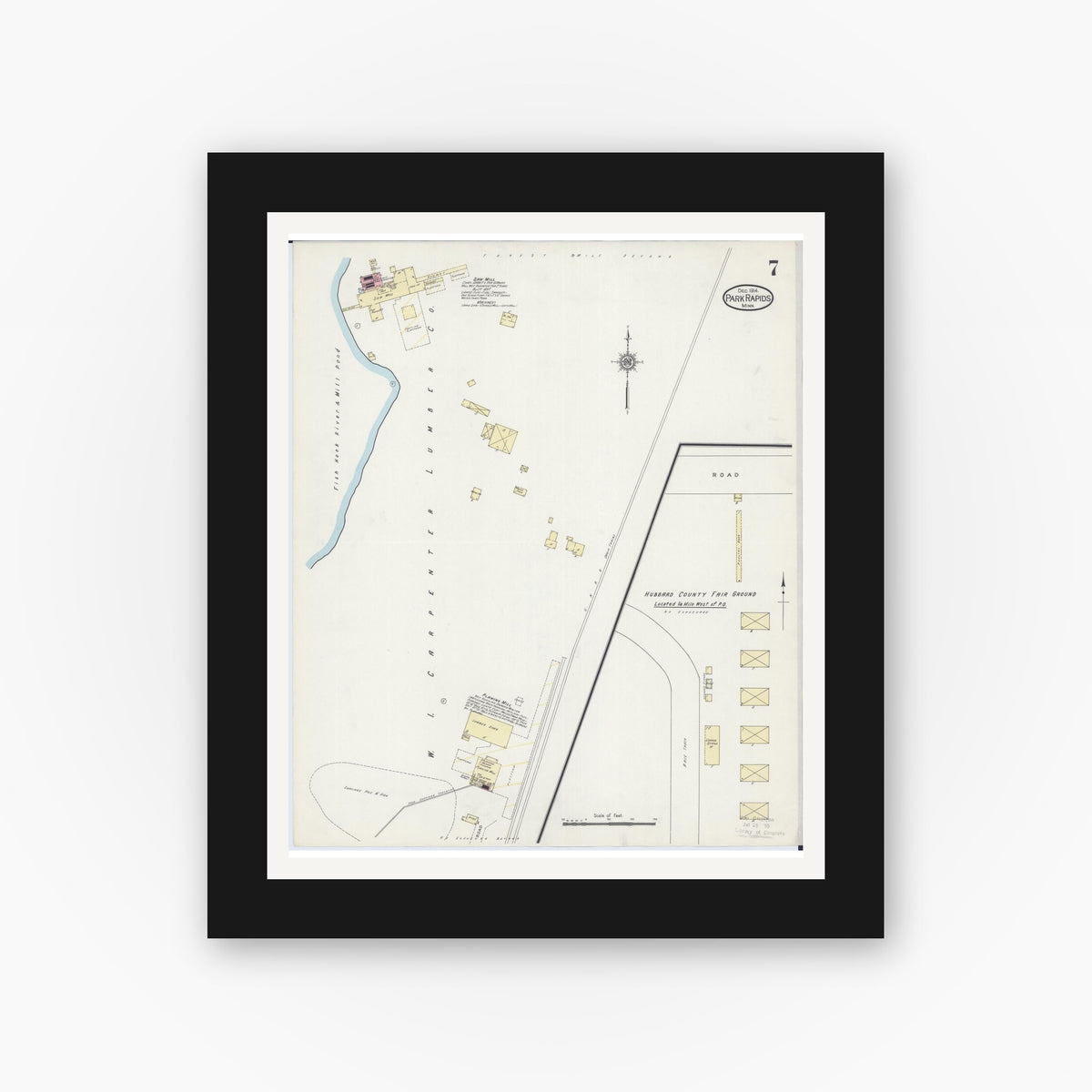 Old map wall art mockup — black gallery frame with white mat — Sanborn Fire Insurance Map from Park Rapids, Hubbard County, Minnesota (1914), Sheet #0007
