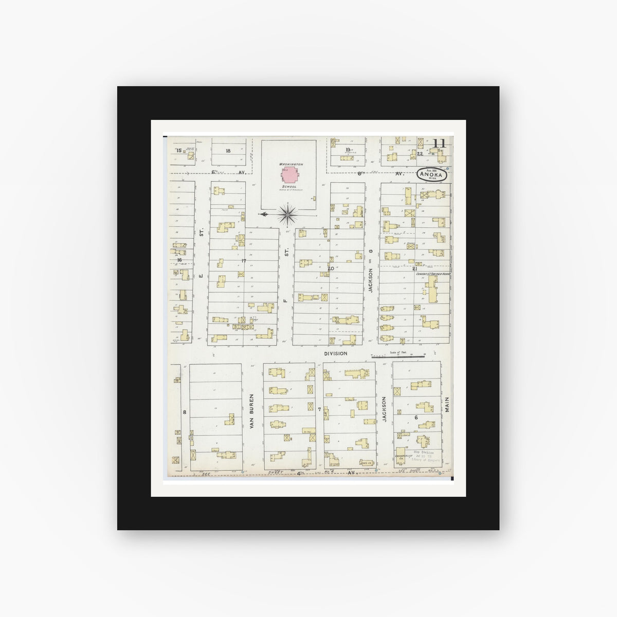 Old map wall art mockup — black gallery frame with white mat — Sanborn Fire Insurance Map from Anoka, Anoka County, Minnesota (1891), Sheet #0011