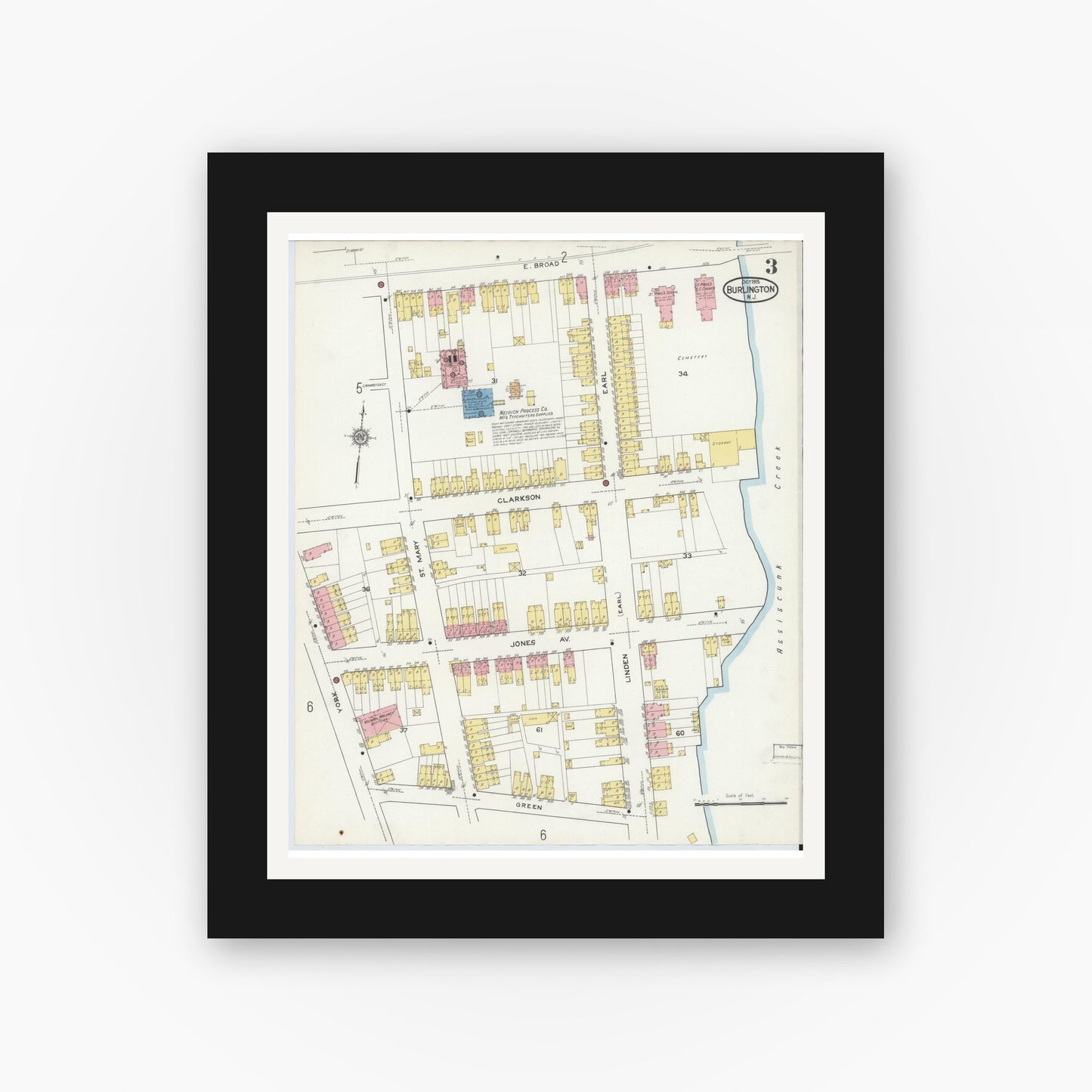 Old map wall art mockup — black gallery frame with white mat — Sanborn Fire Insurance Map from Burlington, Burlington County, New Jersey (1915), Sheet #0003