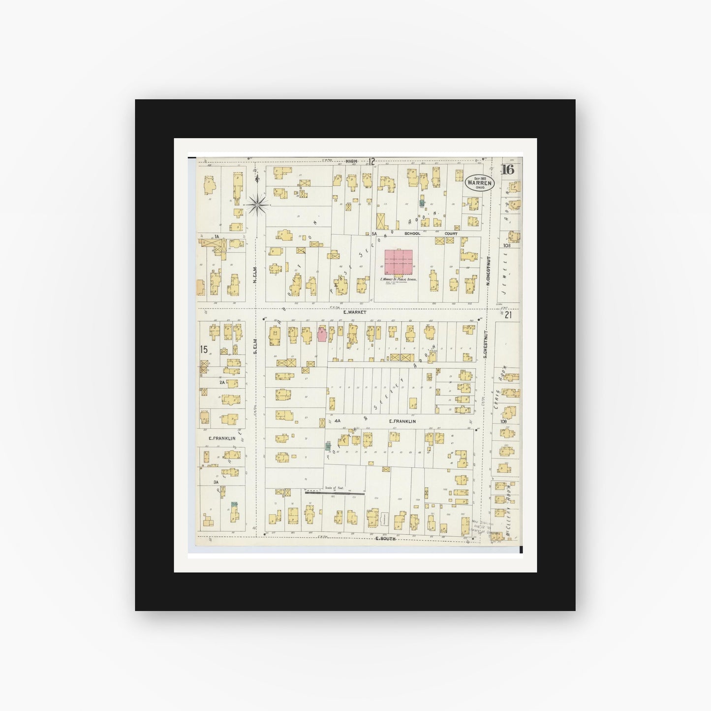 Old map wall art mockup — black gallery frame with white mat — Sanborn Fire Insurance Map from Warren, Trumbull County, Ohio (1902), Sheet #0016
