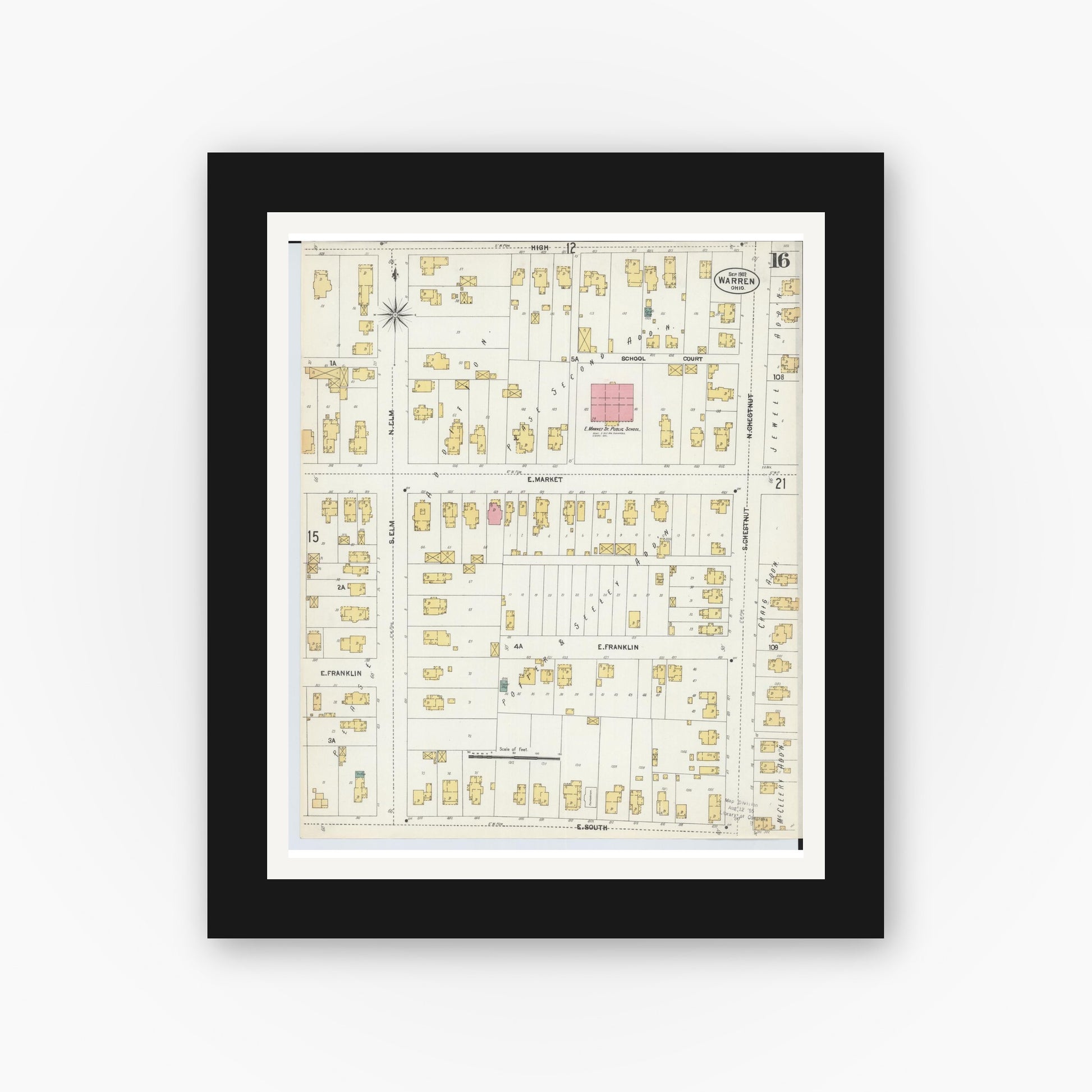 Old map wall art mockup — black gallery frame with white mat — Sanborn Fire Insurance Map from Warren, Trumbull County, Ohio (1902), Sheet #0016
