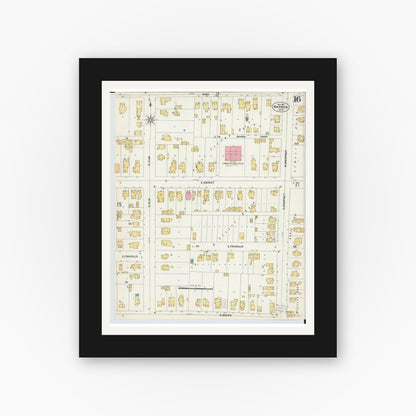 Old map wall art mockup — black gallery frame with white mat — Sanborn Fire Insurance Map from Warren, Trumbull County, Ohio (1902), Sheet #0016