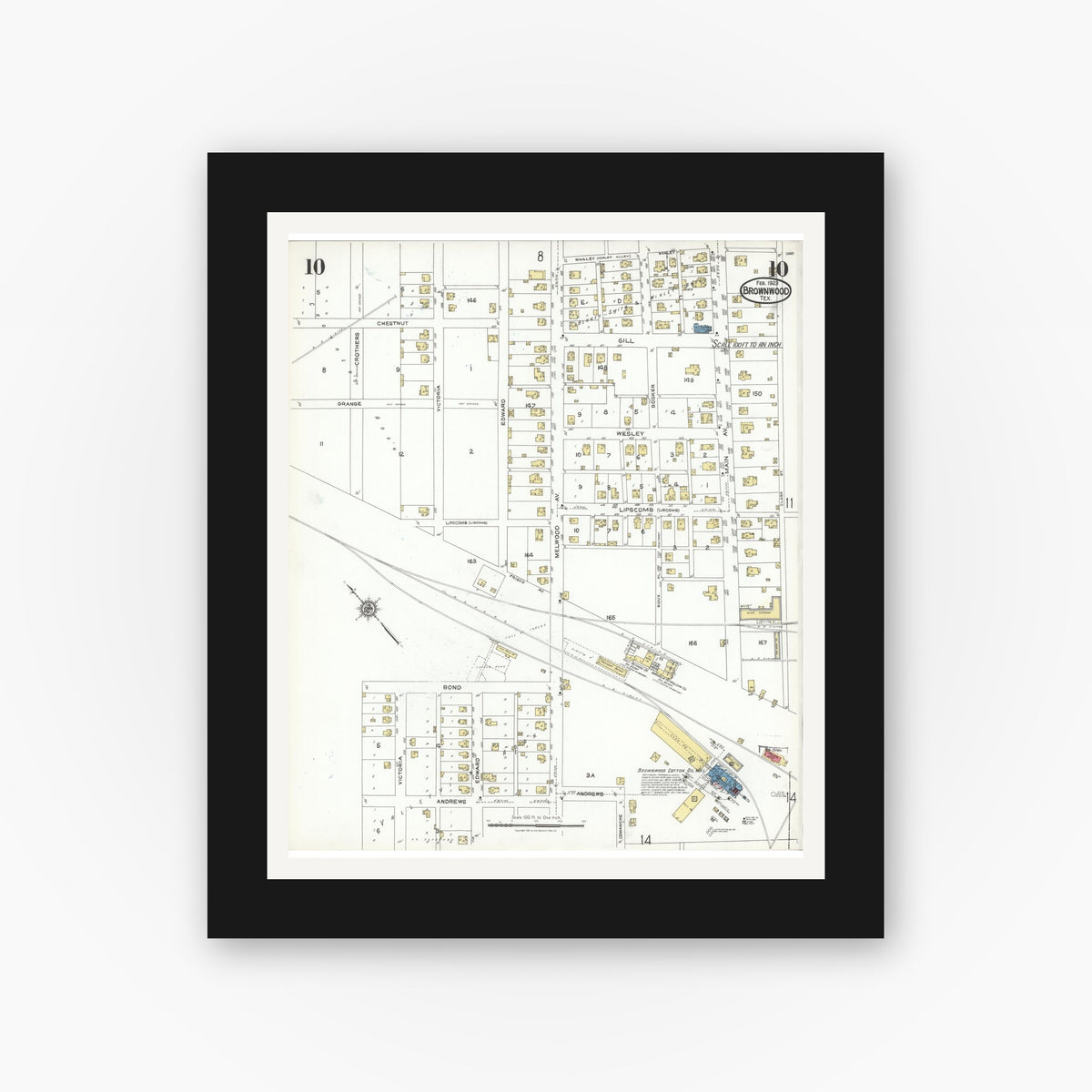 Old map wall art mockup — black gallery frame with white mat — Sanborn Fire Insurance Map from Brownwood, Brown County, Texas (1923), Sheet #0010