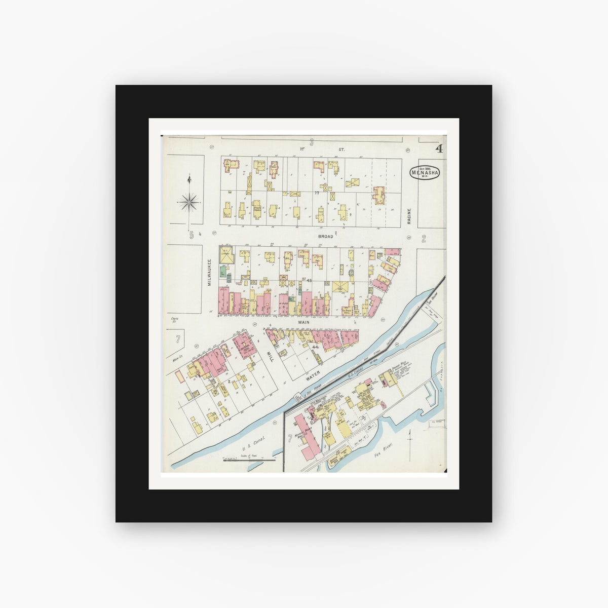 Old map wall art mockup — black gallery frame with white mat — Sanborn Fire Insurance Map from Menasha, Winnebago County, Wisconsin (1895), Sheet #0004