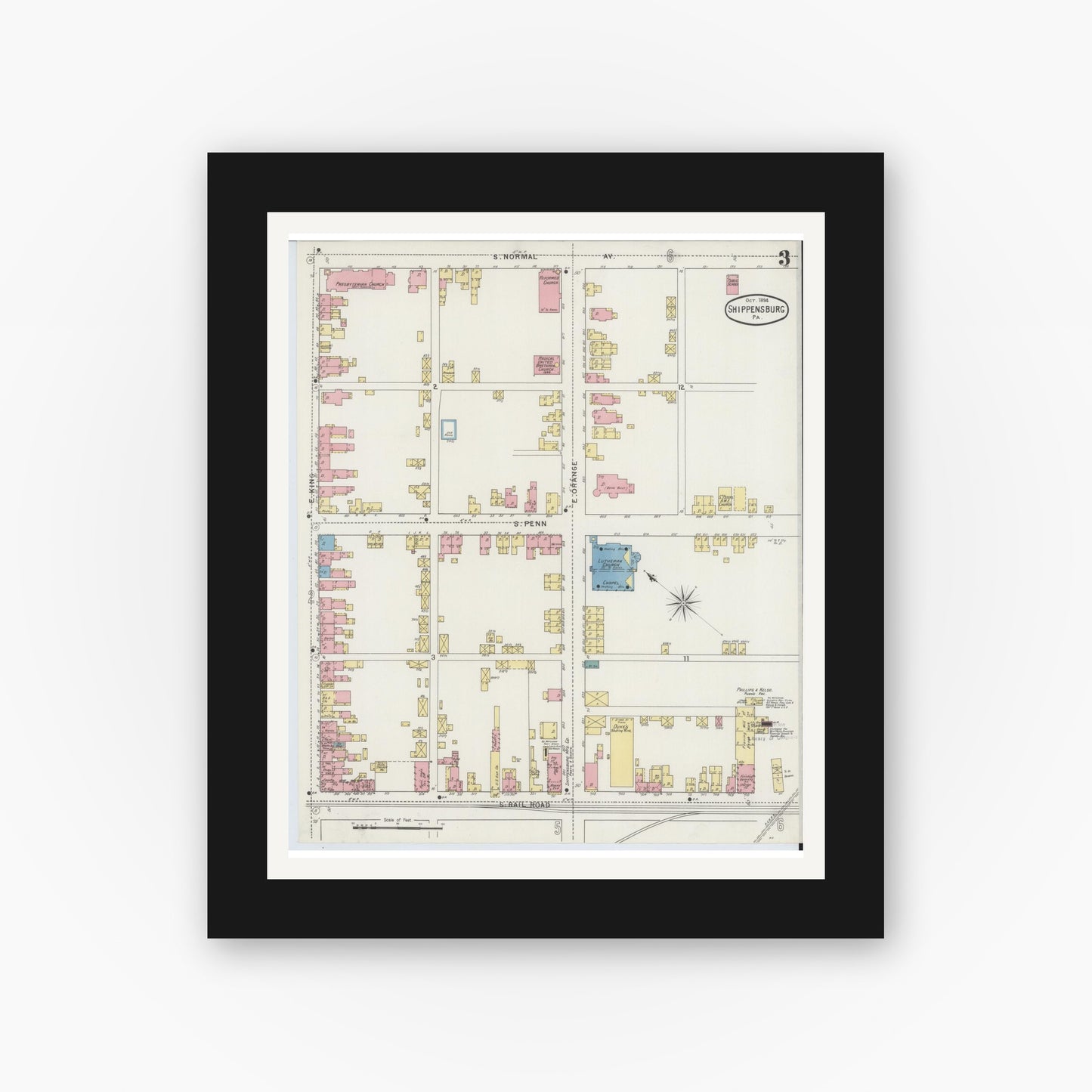 Old map wall art mockup — black gallery frame with white mat — Sanborn Fire Insurance Map from Shippensburg, Cumberland And Franklin Counties, Pennsylvania (1894), Sheet #0003