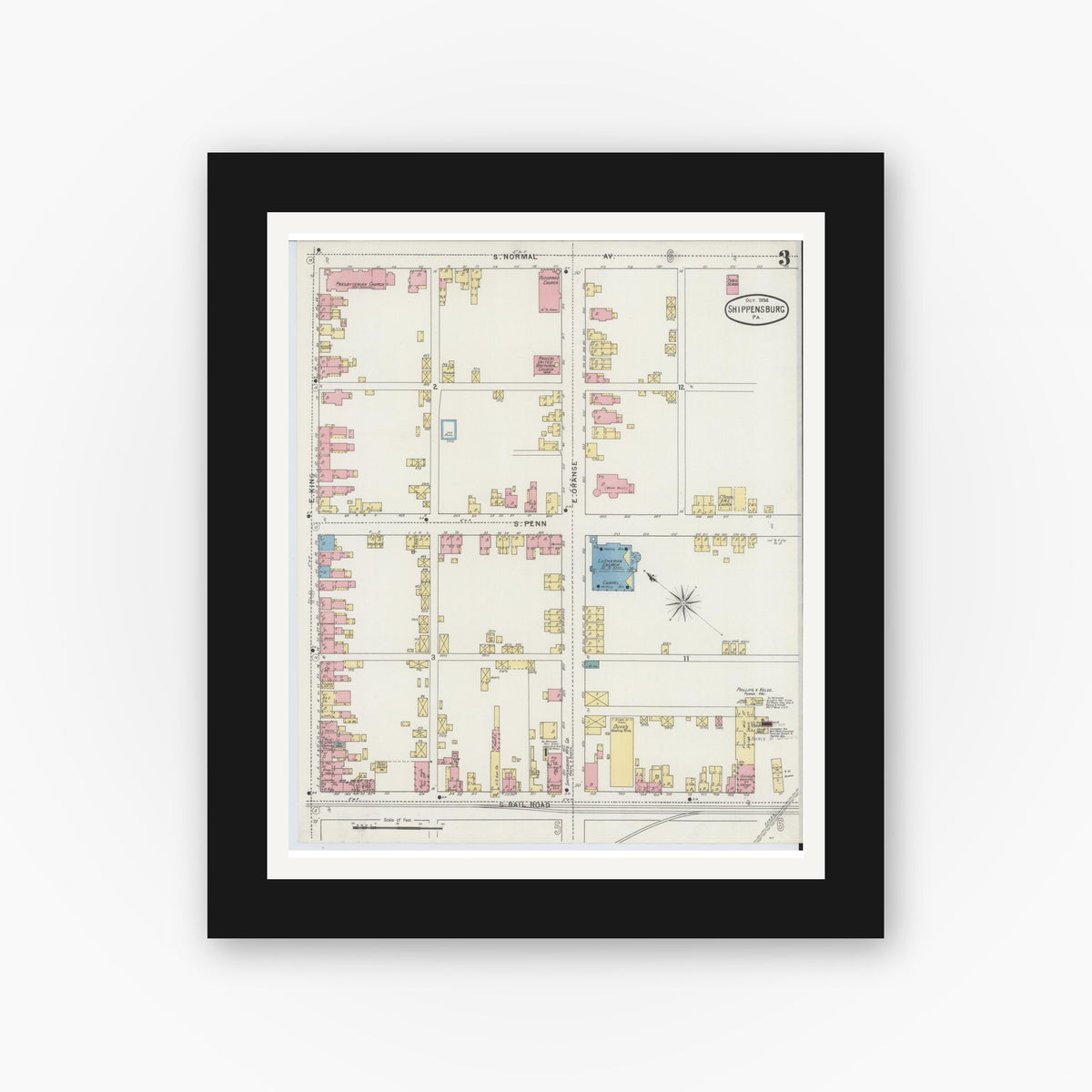 Old map wall art mockup — black gallery frame with white mat — Sanborn Fire Insurance Map from Shippensburg, Cumberland And Franklin Counties, Pennsylvania (1894), Sheet #0003