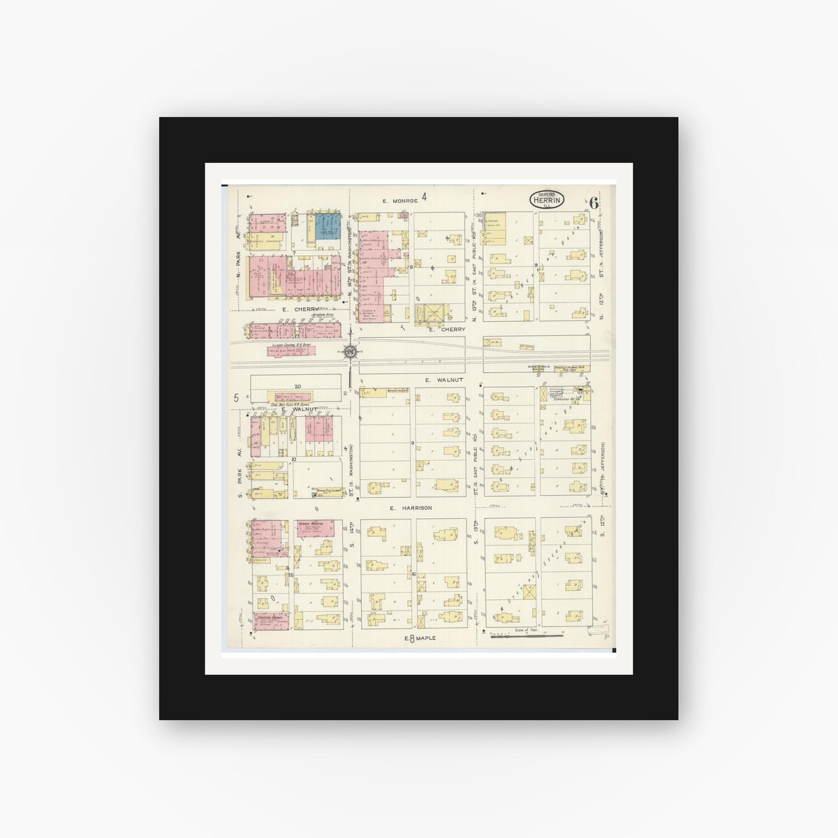 Old map wall art mockup — black gallery frame with white mat — Sanborn Fire Insurance Map from Herrin, Williamson County, Illinois (1913), Sheet #0006