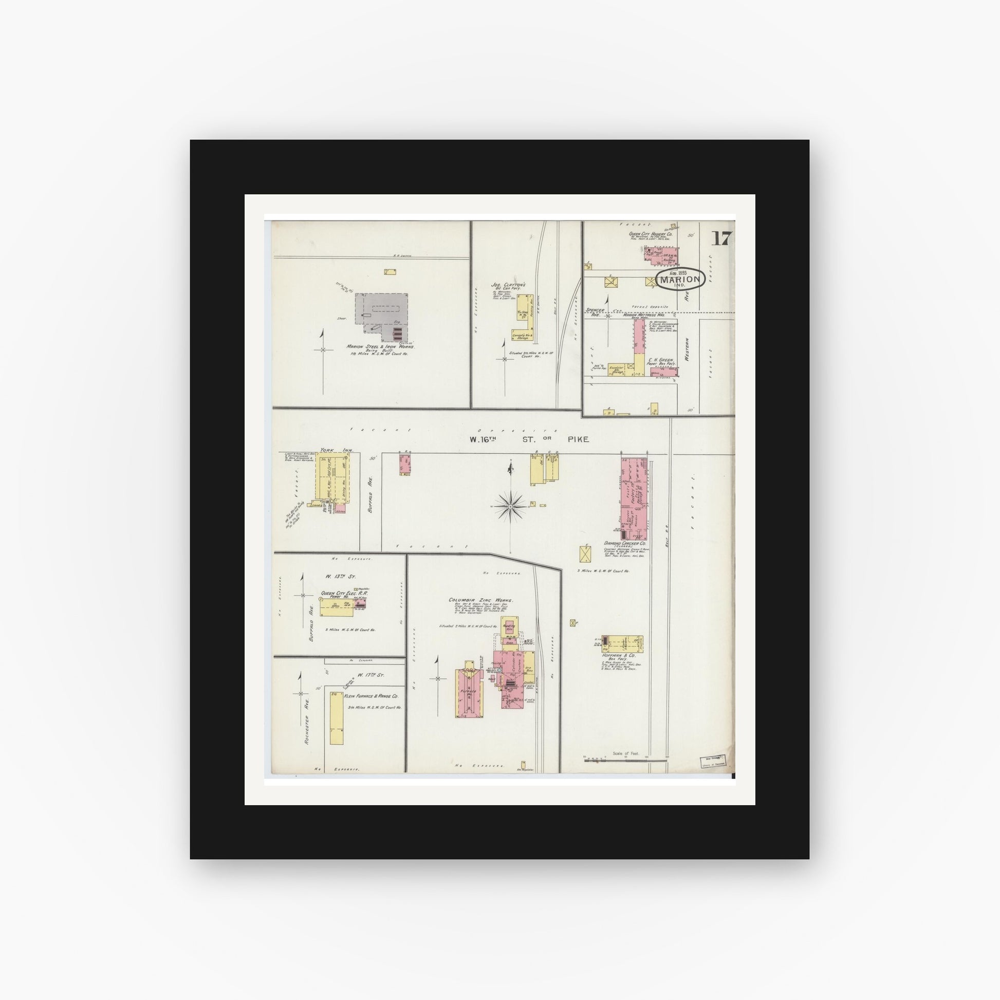 Old map wall art mockup — black gallery frame with white mat — Sanborn Fire Insurance Map from Marion, Grant County, Indiana (1893), Sheet #0017