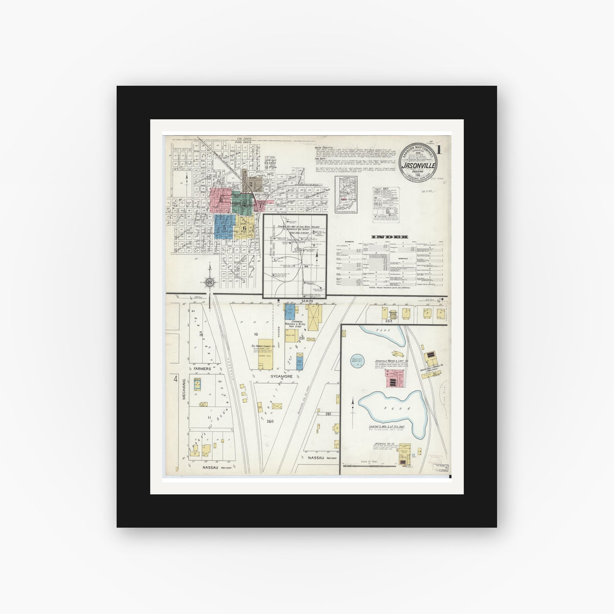 Old map wall art mockup — black gallery frame with white mat — Sanborn Fire Insurance Map from Jasonville, Greene County, Indiana (1915) - Complete Map Set