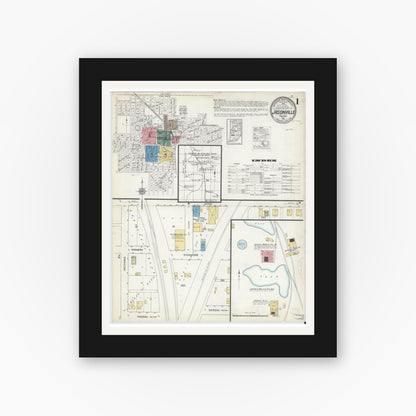 Old map wall art mockup — black gallery frame with white mat — Sanborn Fire Insurance Map from Jasonville, Greene County, Indiana (1915) - Complete Map Set