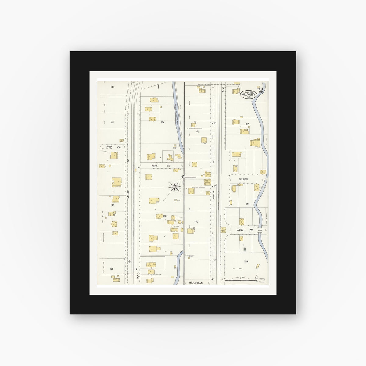 Old map wall art mockup — black gallery frame with white mat — Sanborn Fire Insurance Map from Mill Valley, Marin County, California (1908), Sheet #0002
