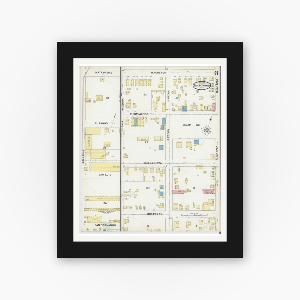 Old map wall art mockup — black gallery frame with white mat — Sanborn Fire Insurance Map from San Antonio, Bexar County, Texas (1892), Sheet #0003