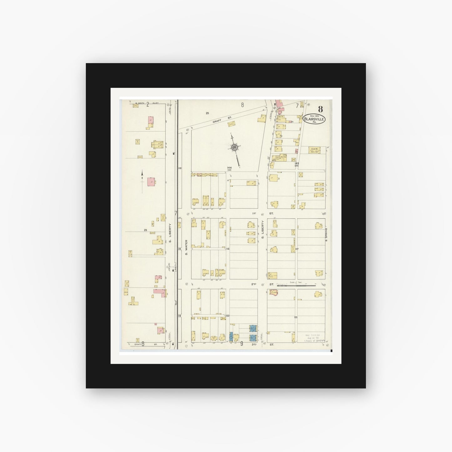 Old map wall art mockup — black gallery frame with white mat — Sanborn Fire Insurance Map from Blairsville, Indiana County, Pennsylvania (1915), Sheet #0008