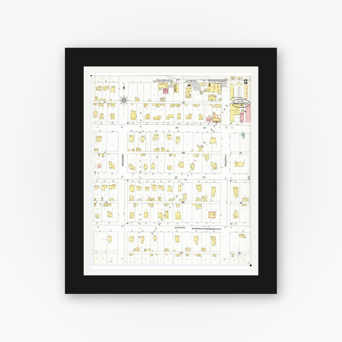 Old map wall art mockup — black gallery frame with white mat — Sanborn Fire Insurance Map from Webster City, Hamilton County, Iowa (1900), Sheet #0002
