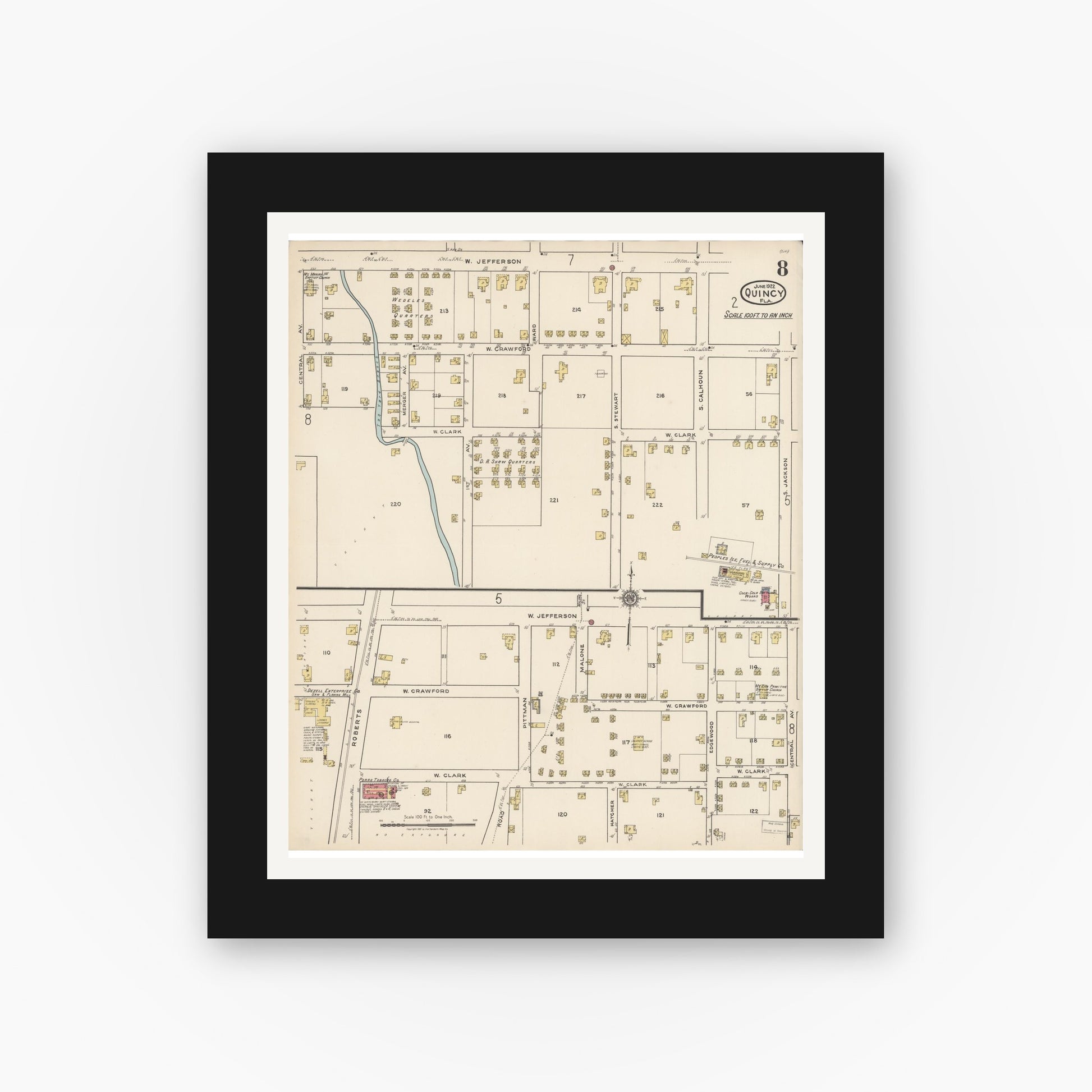 Old map wall art mockup — black gallery frame with white mat — Sanborn Fire Insurance Map from Quincy, Gadsden County, Florida (1922), Sheet #0008