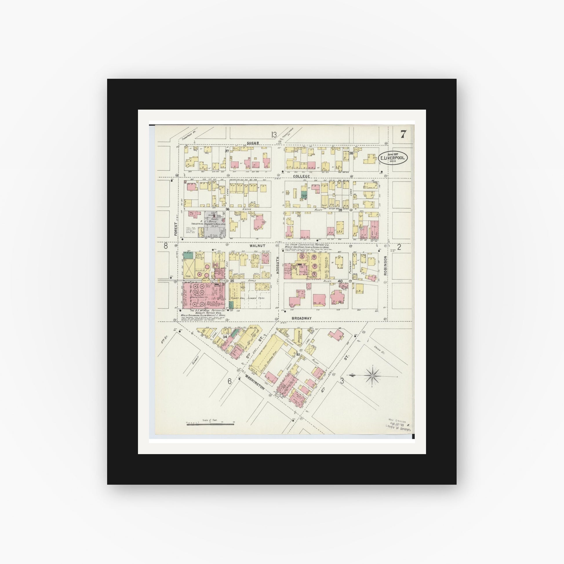 Old map wall art mockup — black gallery frame with white mat — Sanborn Fire Insurance Map from East Liverpool, Columbiana County, Ohio (1897), Sheet #0007