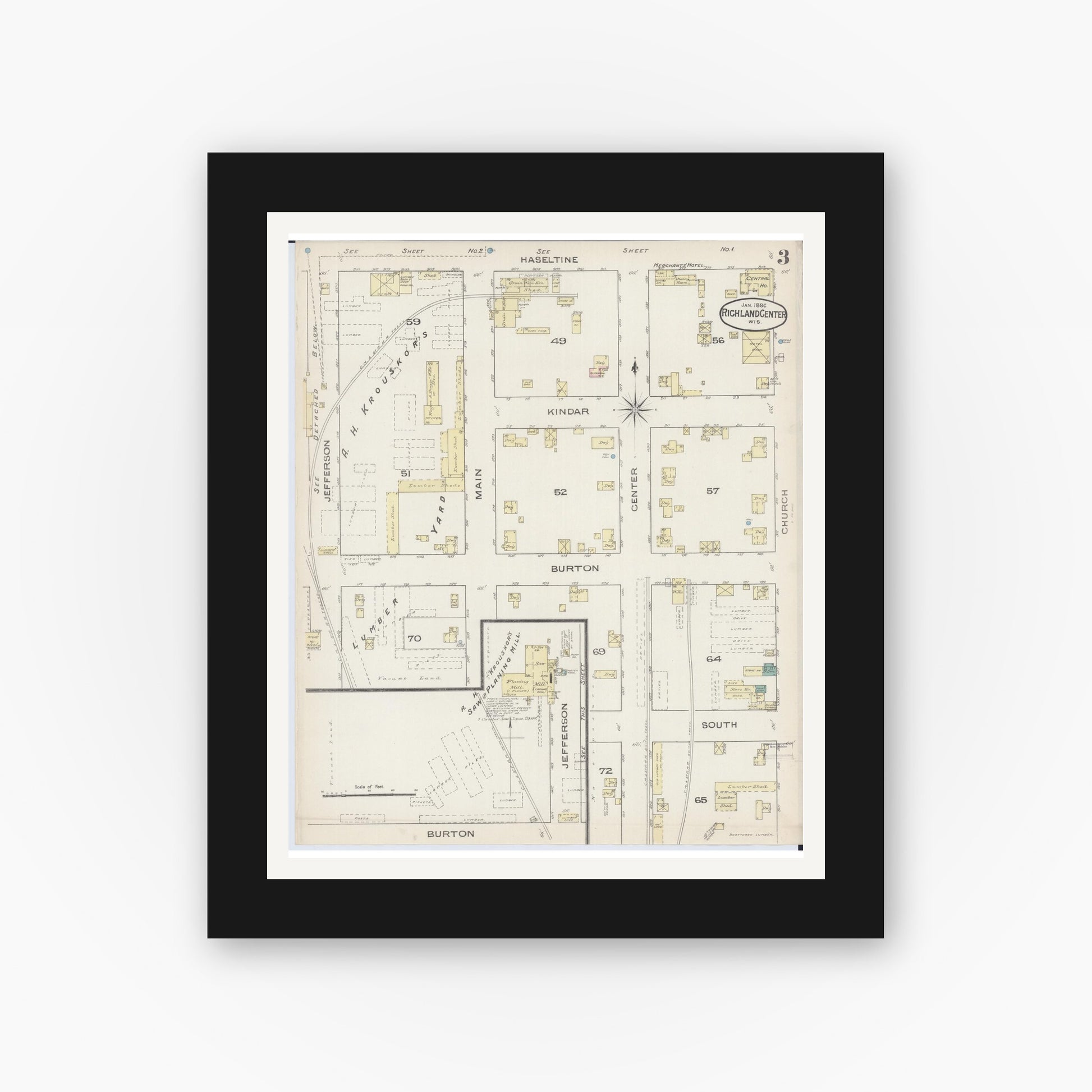 Old map wall art mockup — black gallery frame with white mat — Sanborn Fire Insurance Map from Richland Center, Richland County, Wisconsin (1883), Sheet #0003