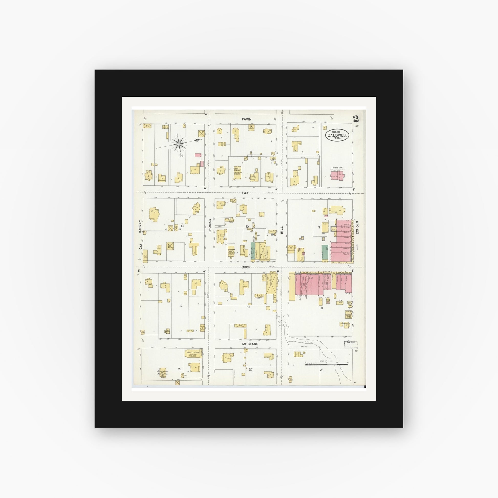 Old map wall art mockup — black gallery frame with white mat — Sanborn Fire Insurance Map from Caldwell, Burleson County, Texas (1901), Sheet #0002