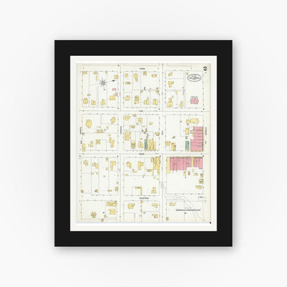 Old map wall art mockup — black gallery frame with white mat — Sanborn Fire Insurance Map from Caldwell, Burleson County, Texas (1901), Sheet #0002