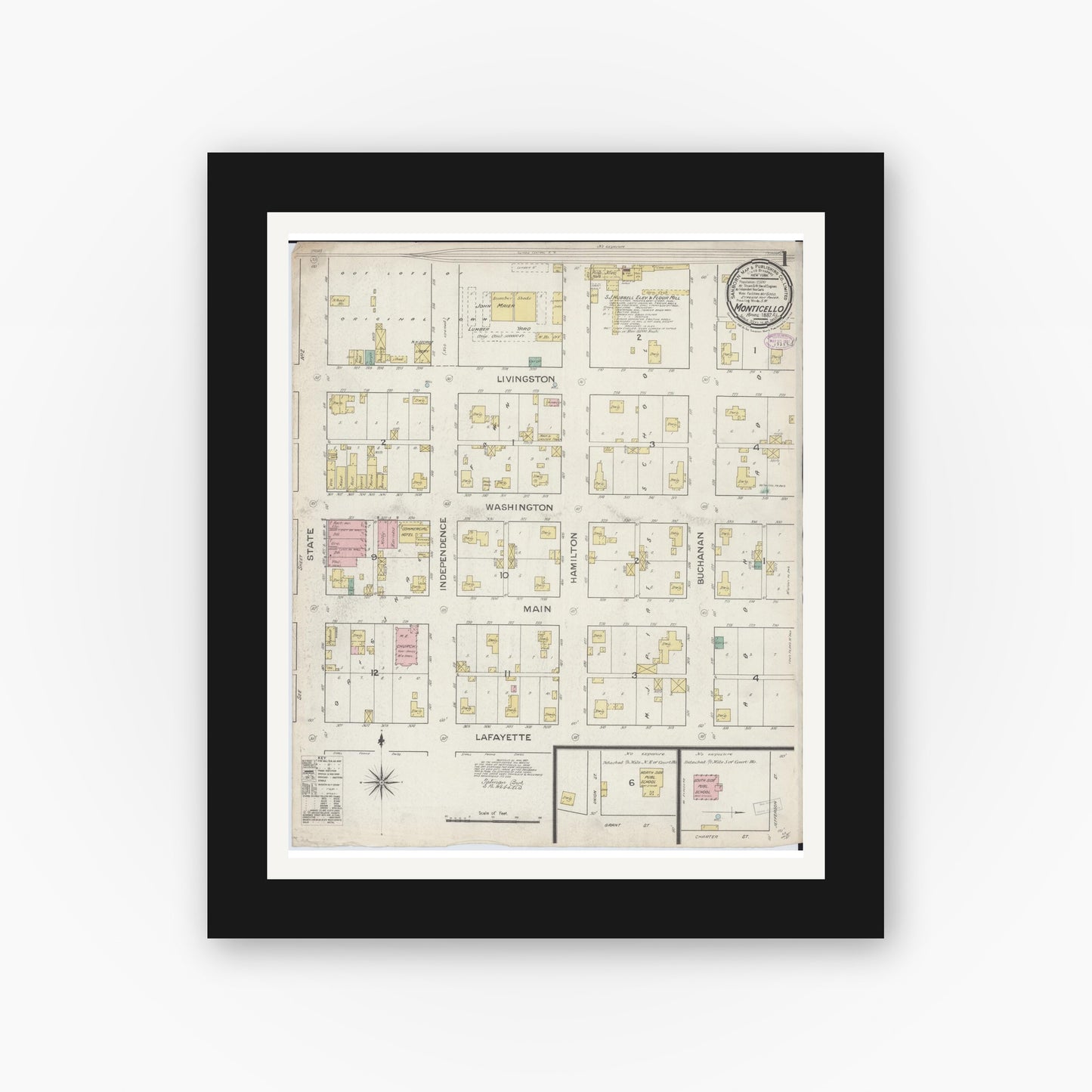Old map wall art mockup — black gallery frame with white mat — Sanborn Fire Insurance Map from Monticello, Piatt County, Illinois (1887), Sheet #0001