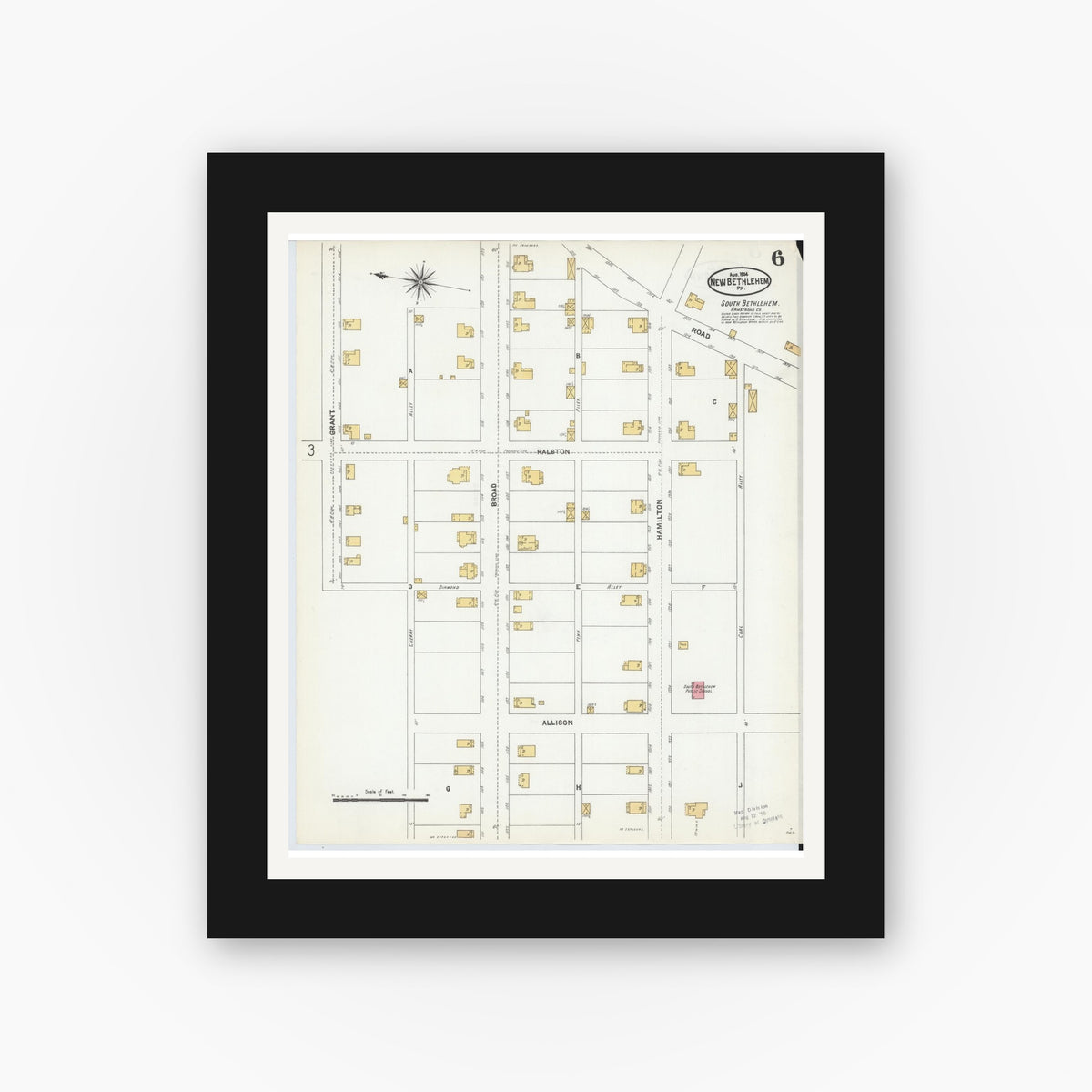 Old map wall art mockup — black gallery frame with white mat — Sanborn Fire Insurance Map from New Bethlehem, Clarion County, Pennsylvania (1904), Sheet #0006