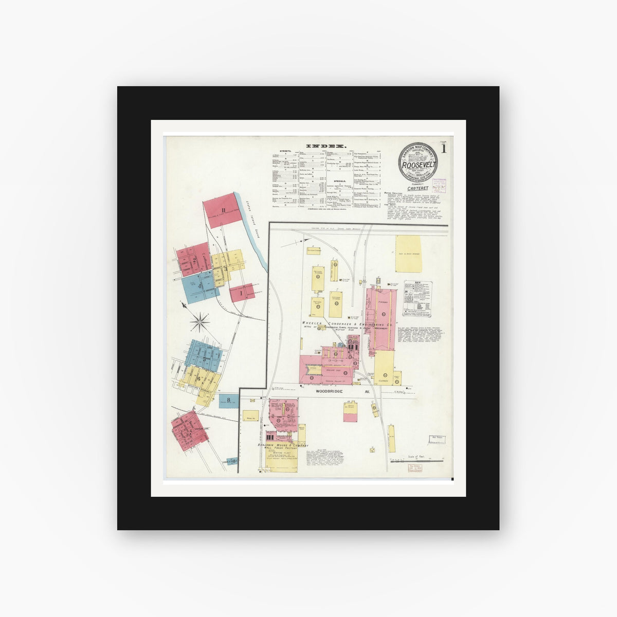 Old map wall art mockup — black gallery frame with white mat — Sanborn Fire Insurance Map from Roosevelt, Middlesex County, New Jersey (1908) - Complete Map Set