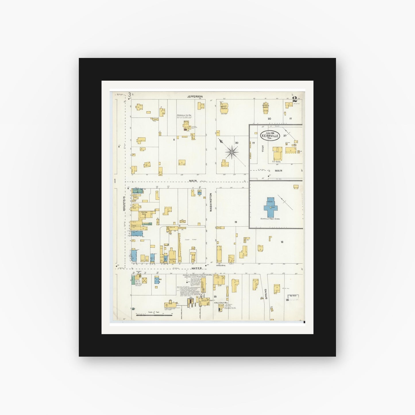 Old map wall art mockup — black gallery frame with white mat — Sanborn Fire Insurance Map from Kerrville, Kerr County, Texas (1904), Sheet #0002