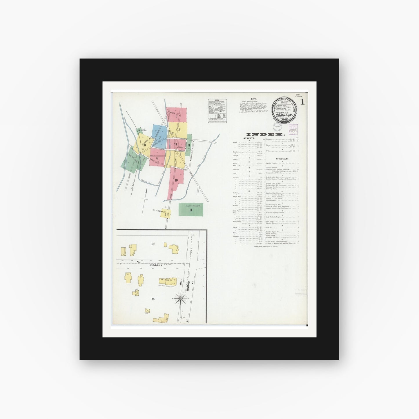 Old map wall art mockup — black gallery frame with white mat — Sanborn Fire Insurance Map from Hamilton, Madison County, New York (1901), Sheet #0001