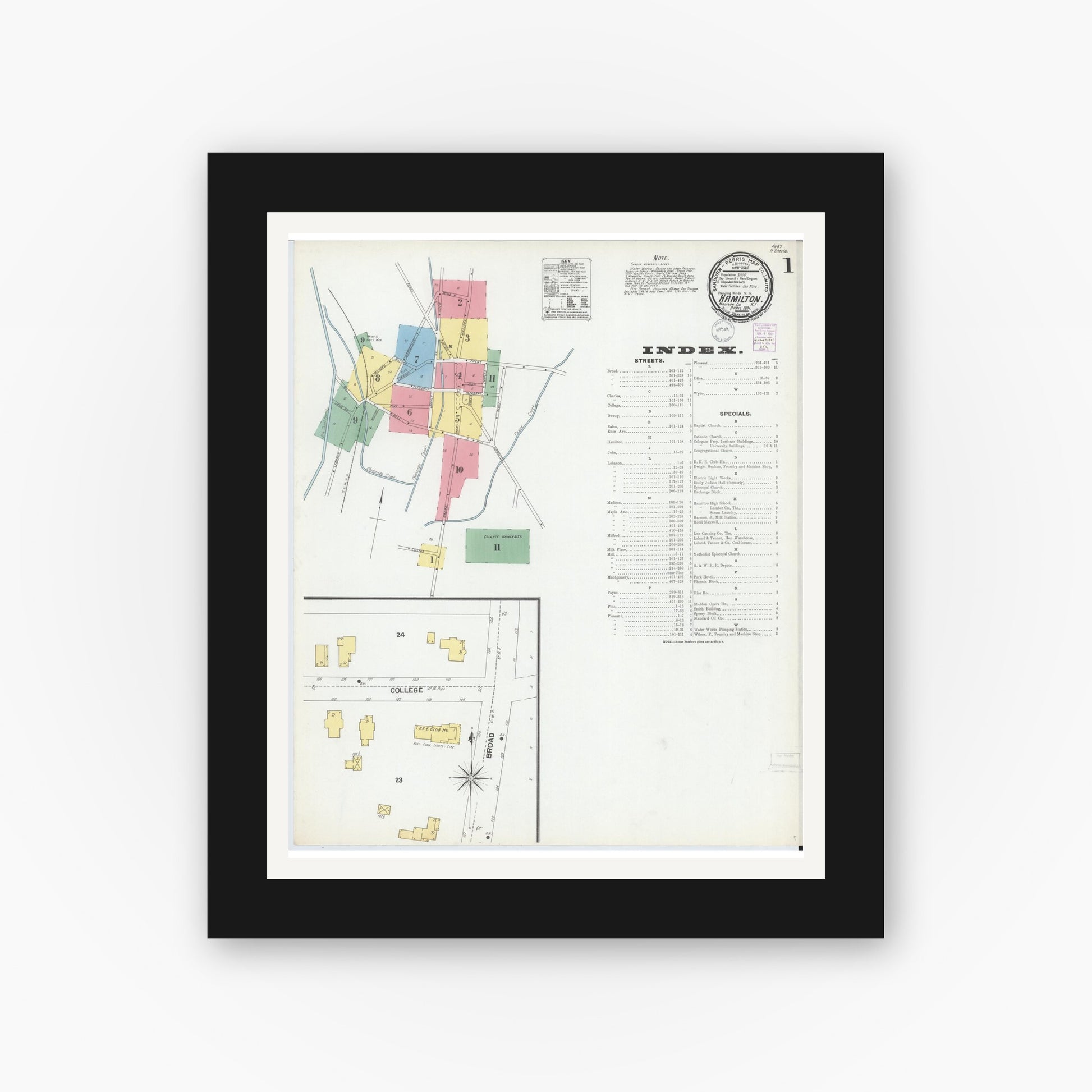 Old map wall art mockup — black gallery frame with white mat — Sanborn Fire Insurance Map from Hamilton, Madison County, New York (1901), Sheet #0001
