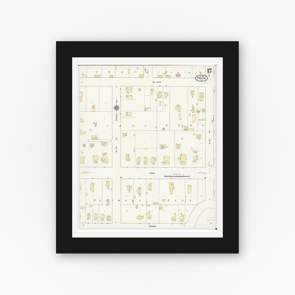 Old map wall art mockup — black gallery frame with white mat — Sanborn Fire Insurance Map from Pekin, Tazewell County, Illinois (1909), Sheet #0017