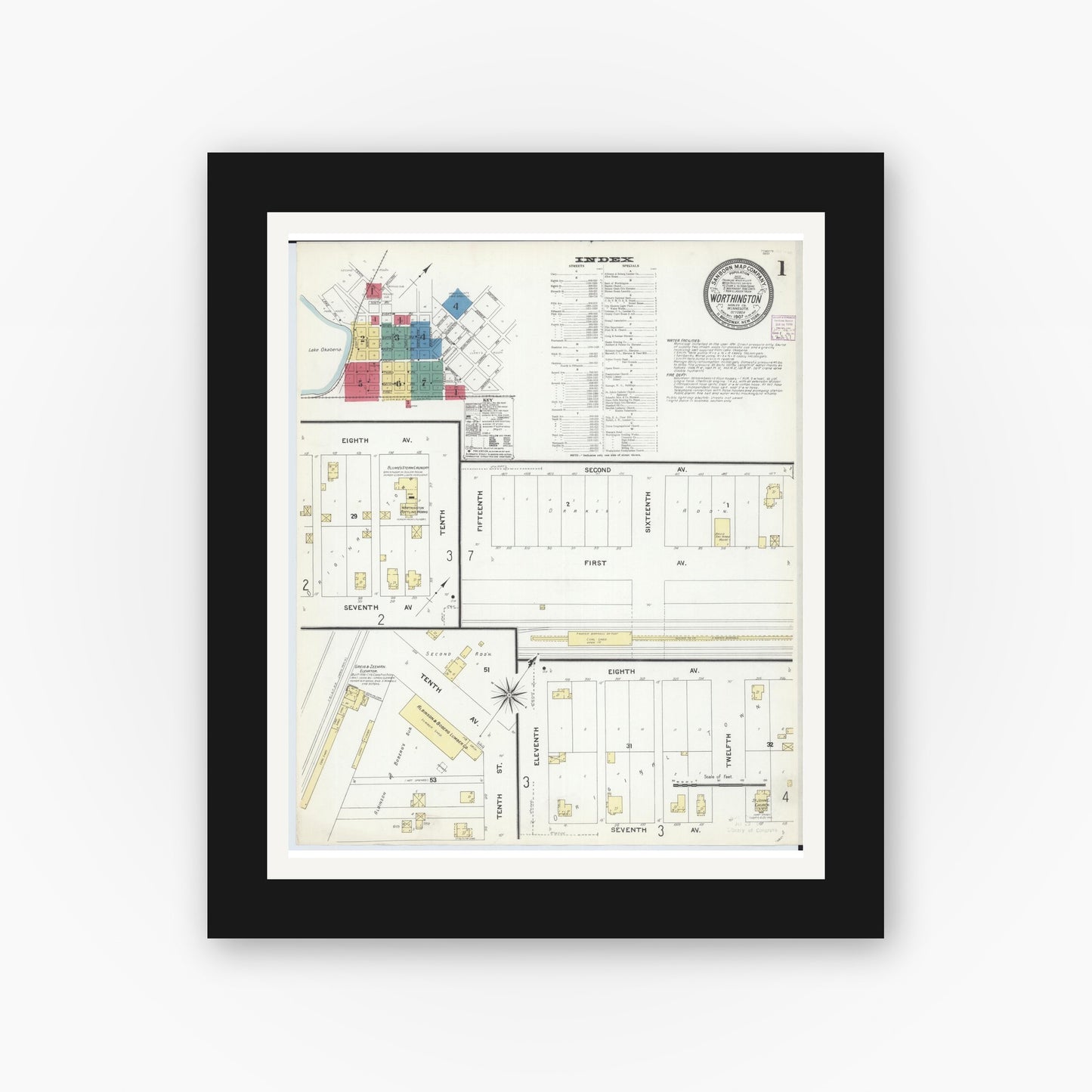 Old map wall art mockup — black gallery frame with white mat — Sanborn Fire Insurance Map from Worthington, Nobles County, Minnesota (1907), Sheet #0001