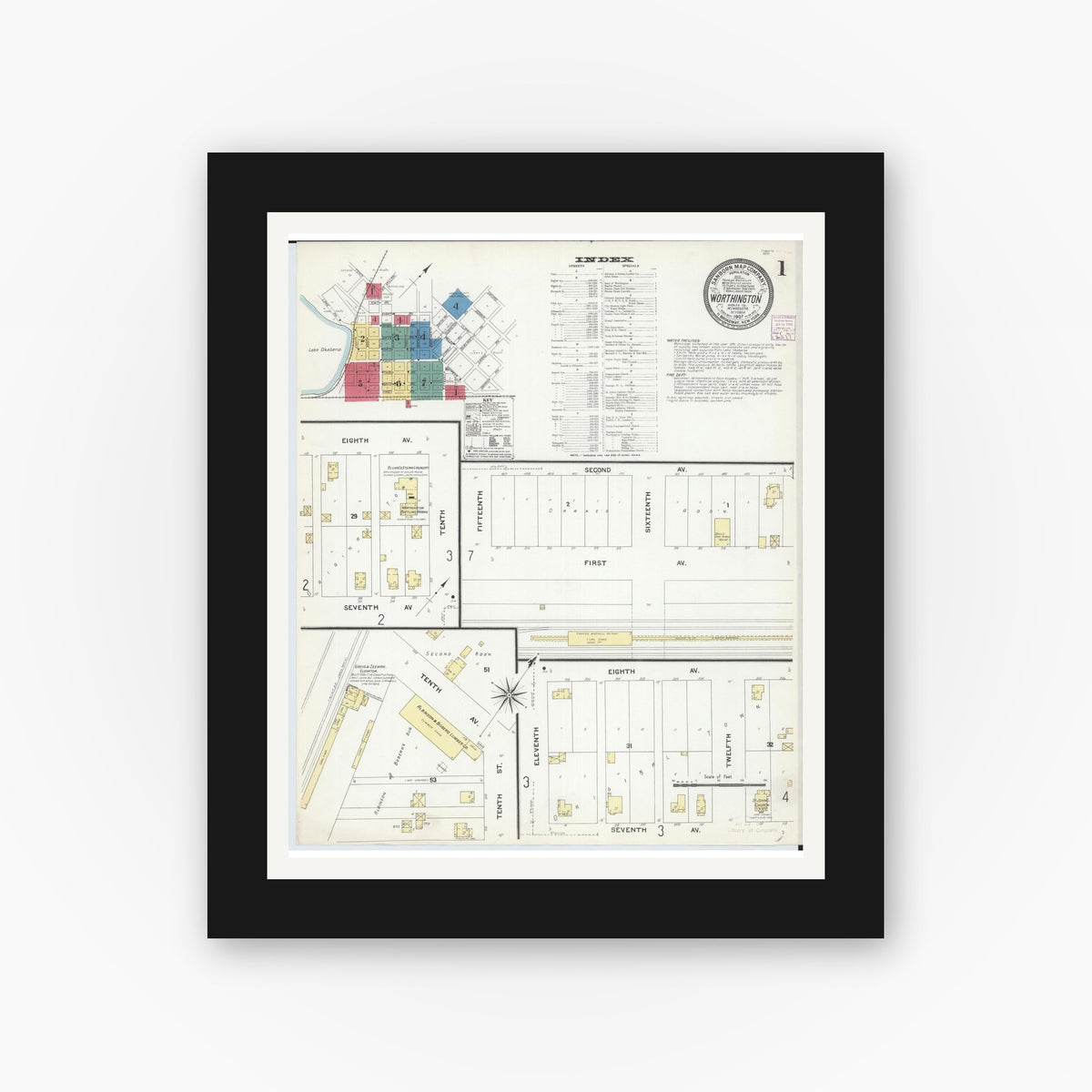 Old map wall art mockup — black gallery frame with white mat — Sanborn Fire Insurance Map from Worthington, Nobles County, Minnesota (1907), Sheet #0001