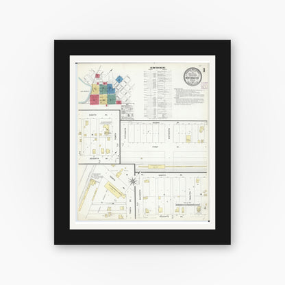Old map wall art mockup — black gallery frame with white mat — Sanborn Fire Insurance Map from Worthington, Nobles County, Minnesota (1907), Sheet #0001