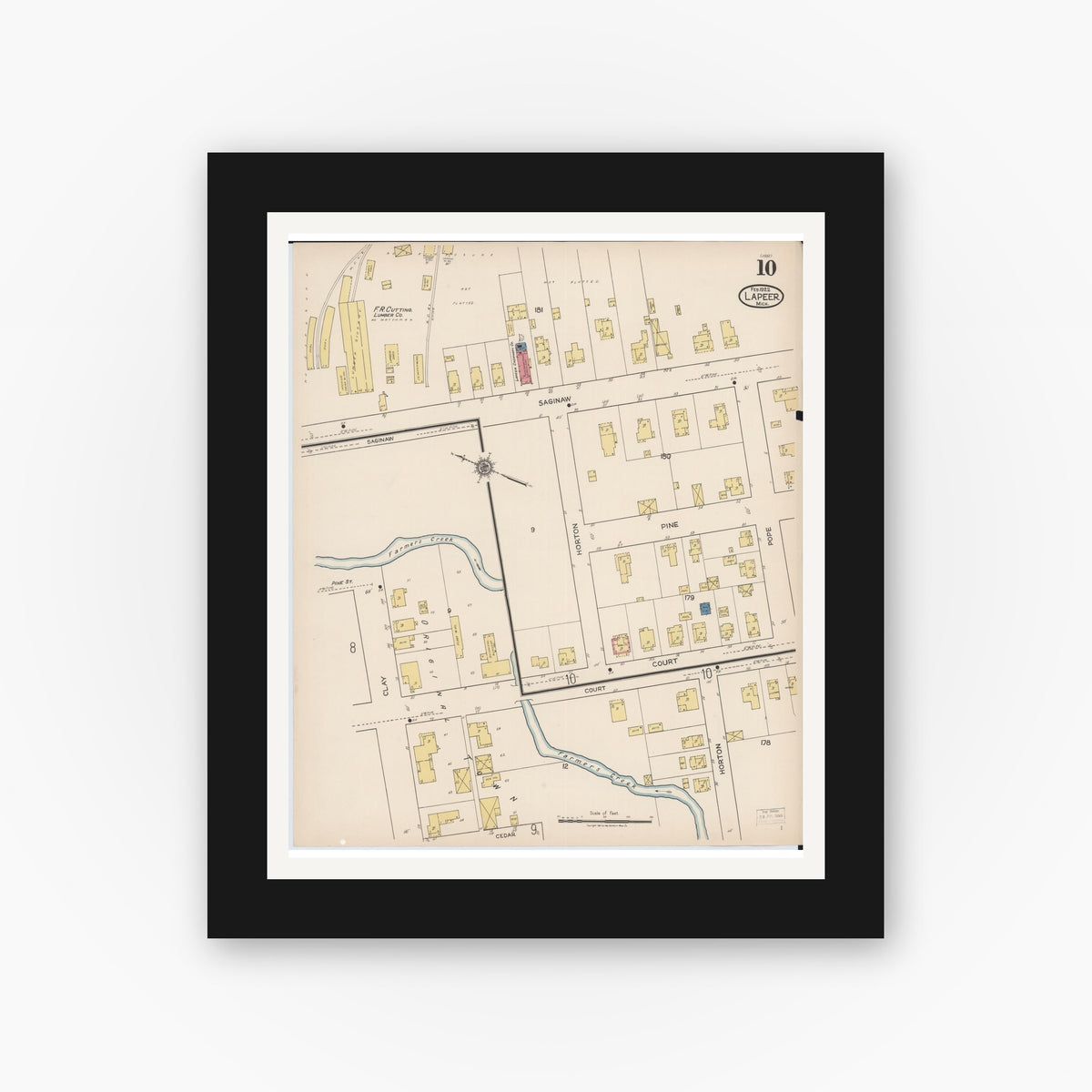 Old map wall art mockup — black gallery frame with white mat — Sanborn Fire Insurance Map from Lapeer, Lapeer County, Michigan (1922), Sheet #0010