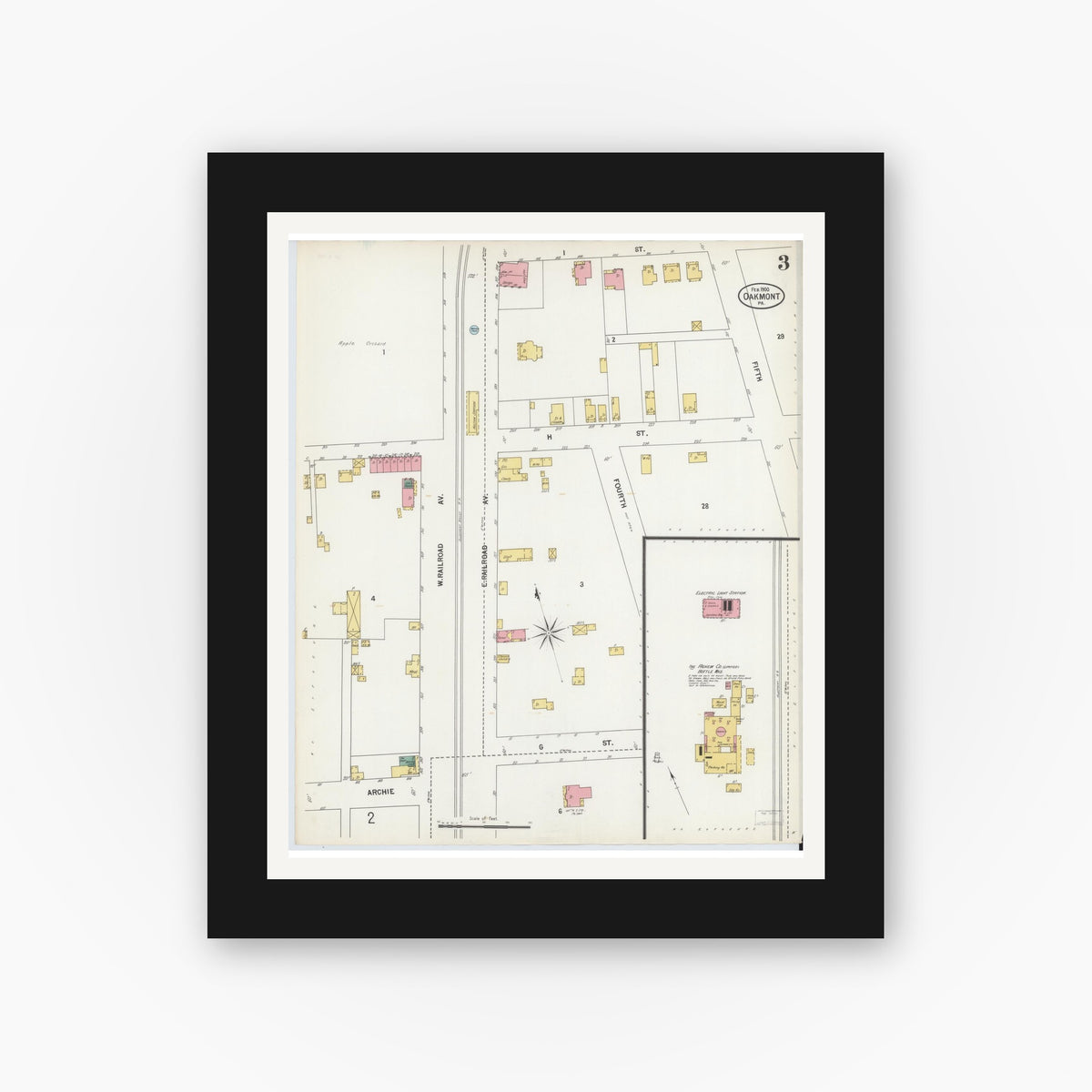Old map wall art mockup — black gallery frame with white mat — Sanborn Fire Insurance Map from Oakmont, Allegheny County, Pennsylvania (1900), Sheet #0003