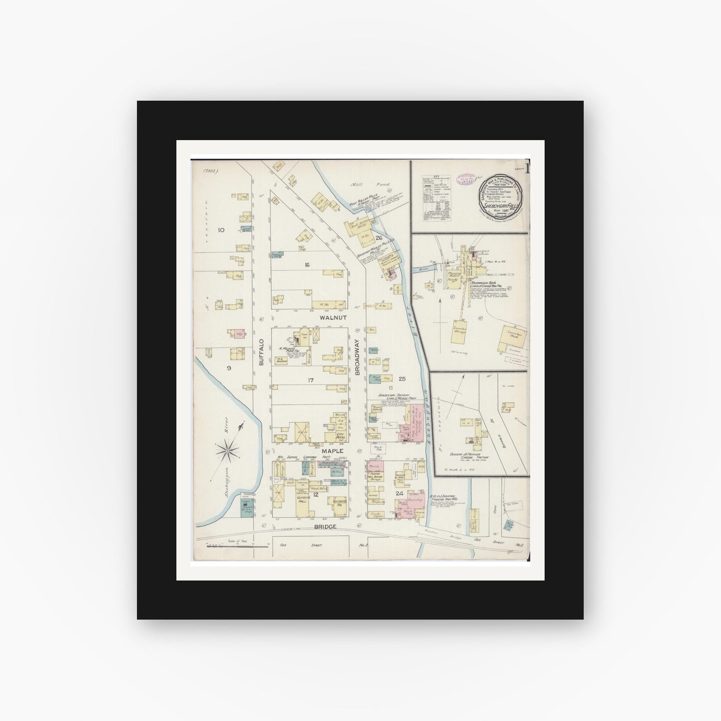 Old map wall art mockup — black gallery frame with white mat — Sanborn Fire Insurance Map from Sheboygan Falls, Sheboygan County, Wisconsin (1887), Sheet #0001