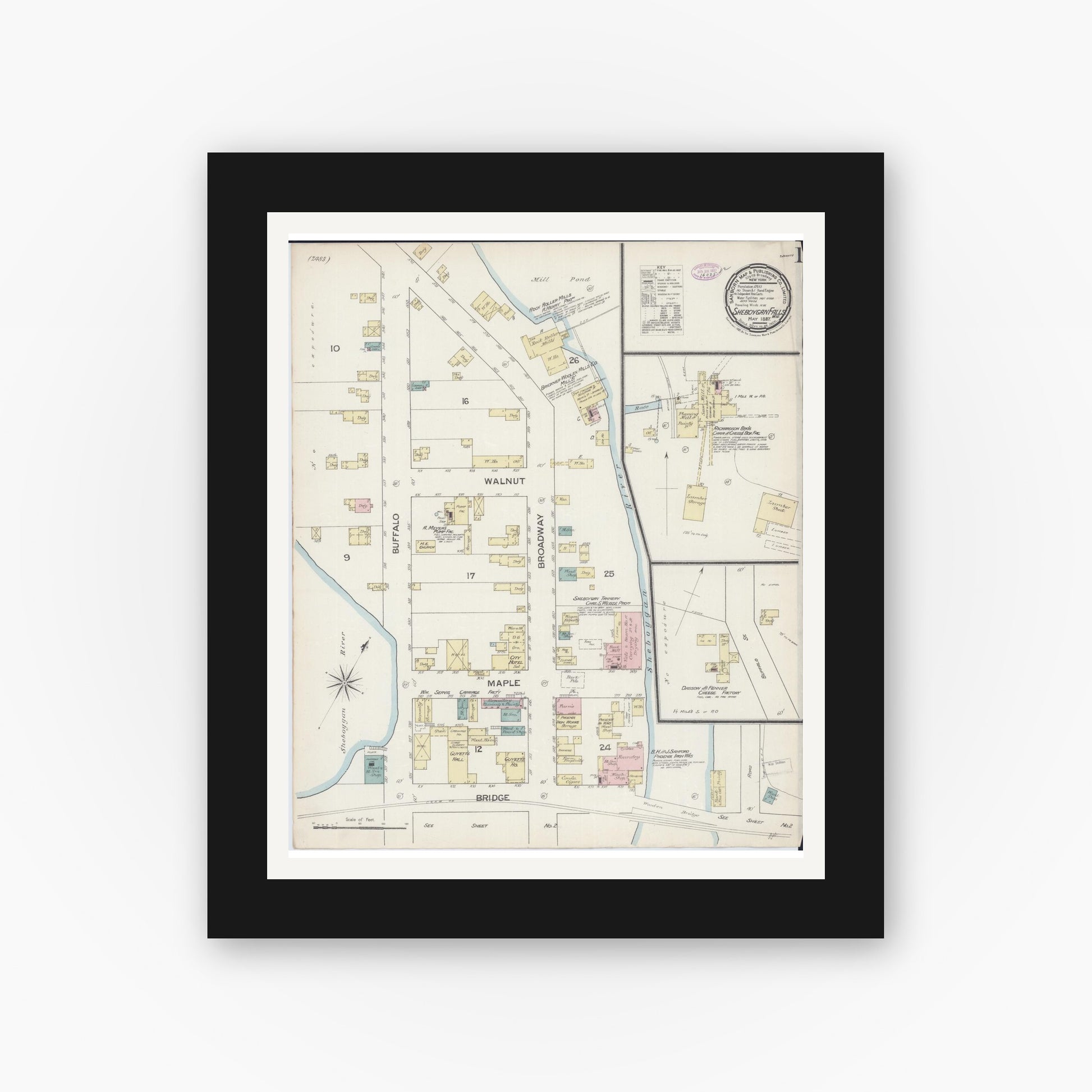 Old map wall art mockup — black gallery frame with white mat — Sanborn Fire Insurance Map from Sheboygan Falls, Sheboygan County, Wisconsin (1887), Sheet #0001