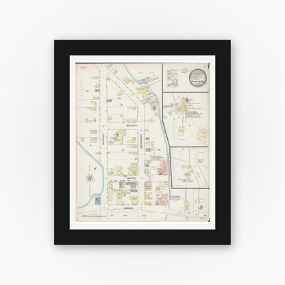 Old map wall art mockup — black gallery frame with white mat — Sanborn Fire Insurance Map from Sheboygan Falls, Sheboygan County, Wisconsin (1887), Sheet #0001
