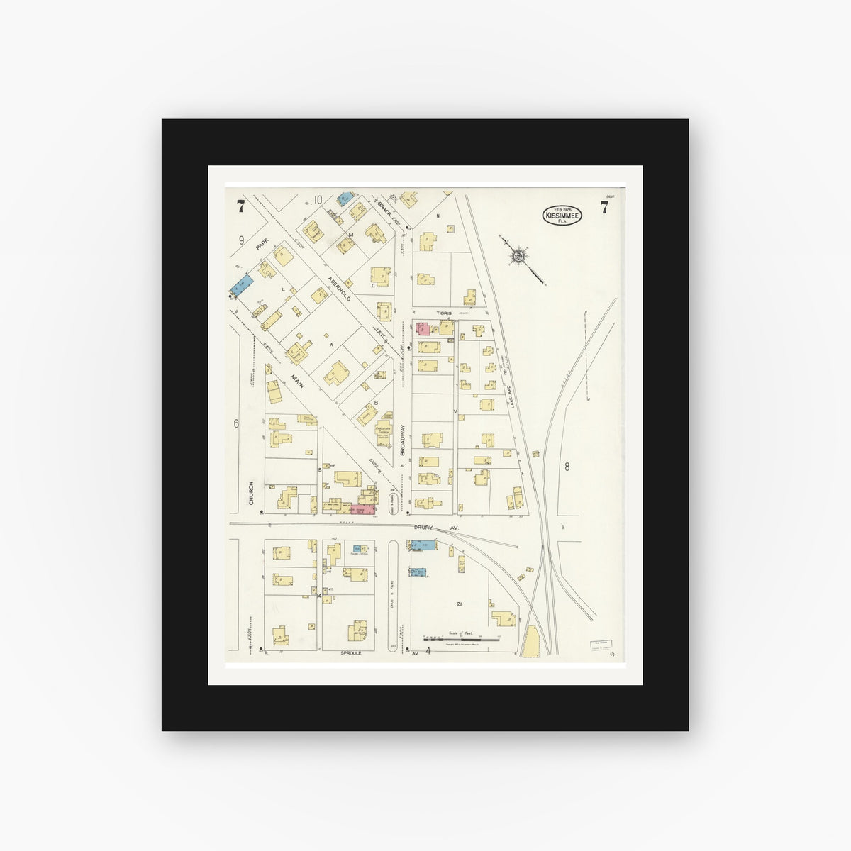 Old map wall art mockup — black gallery frame with white mat — Sanborn Fire Insurance Map from Kissimmee, Osceola County, Florida (1926), Sheet #0007