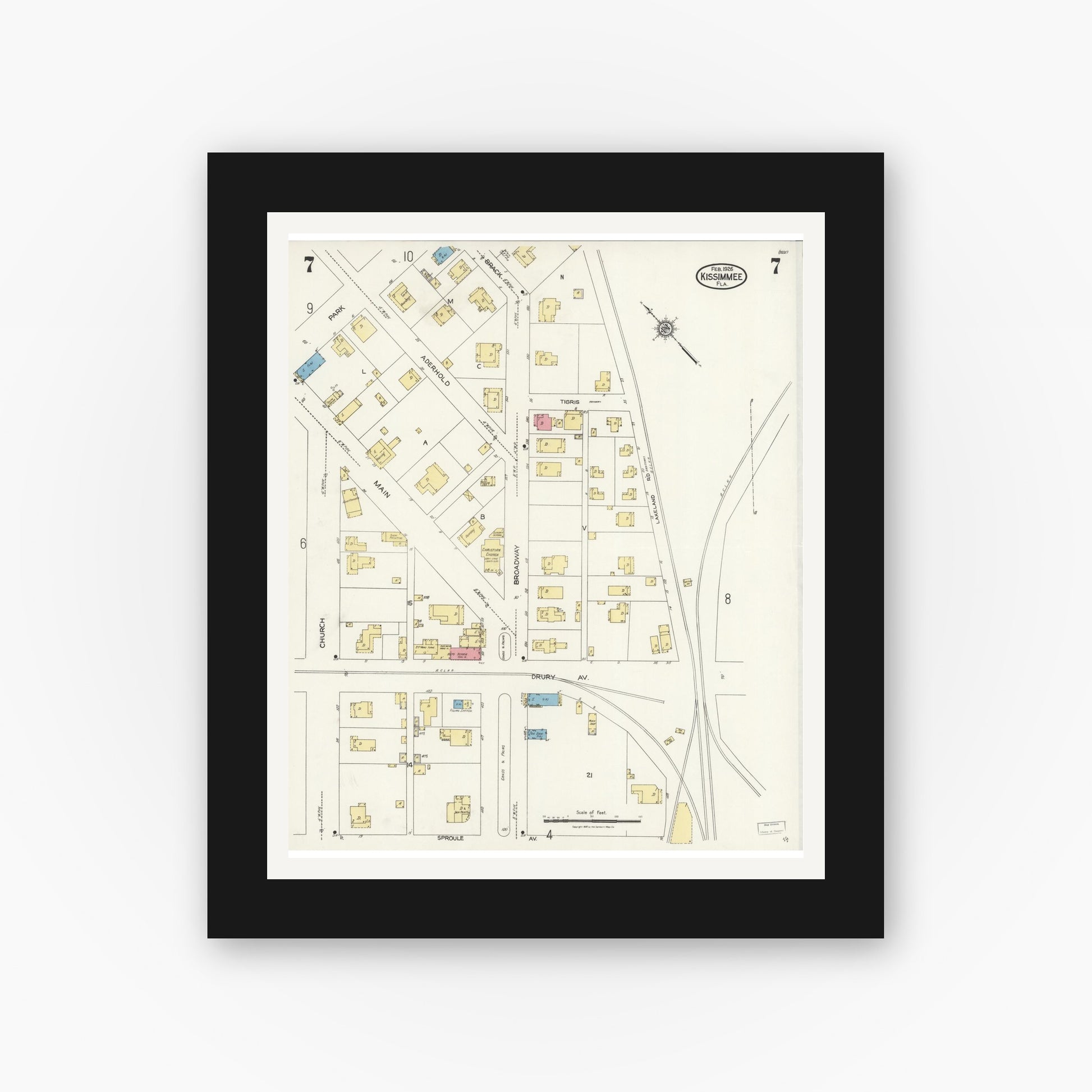 Old map wall art mockup — black gallery frame with white mat — Sanborn Fire Insurance Map from Kissimmee, Osceola County, Florida (1926), Sheet #0007