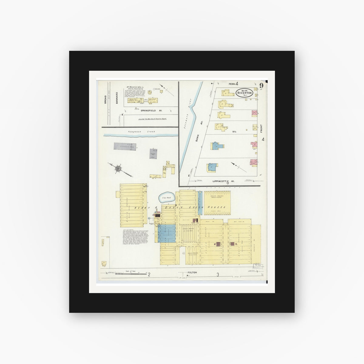 Old map wall art mockup — black gallery frame with white mat — Sanborn Fire Insurance Map from Riverton, Burlington County, New Jersey (1911), Sheet #0009