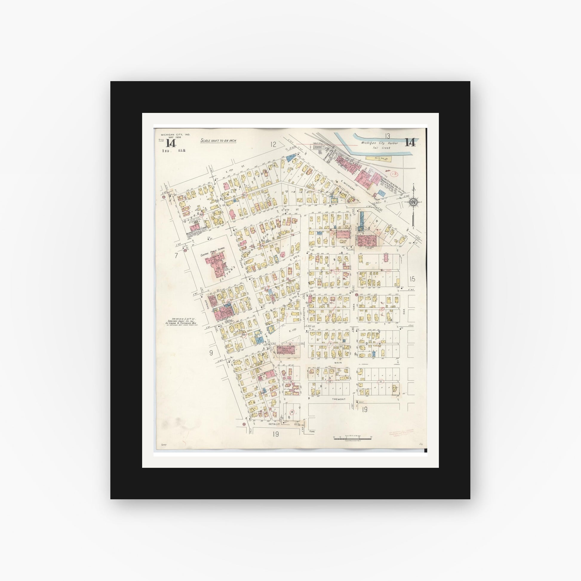 Old map wall art mockup — black gallery frame with white mat — Sanborn Fire Insurance Map from Michigan City, La Porte County, Indiana (1948), Sheet #0014