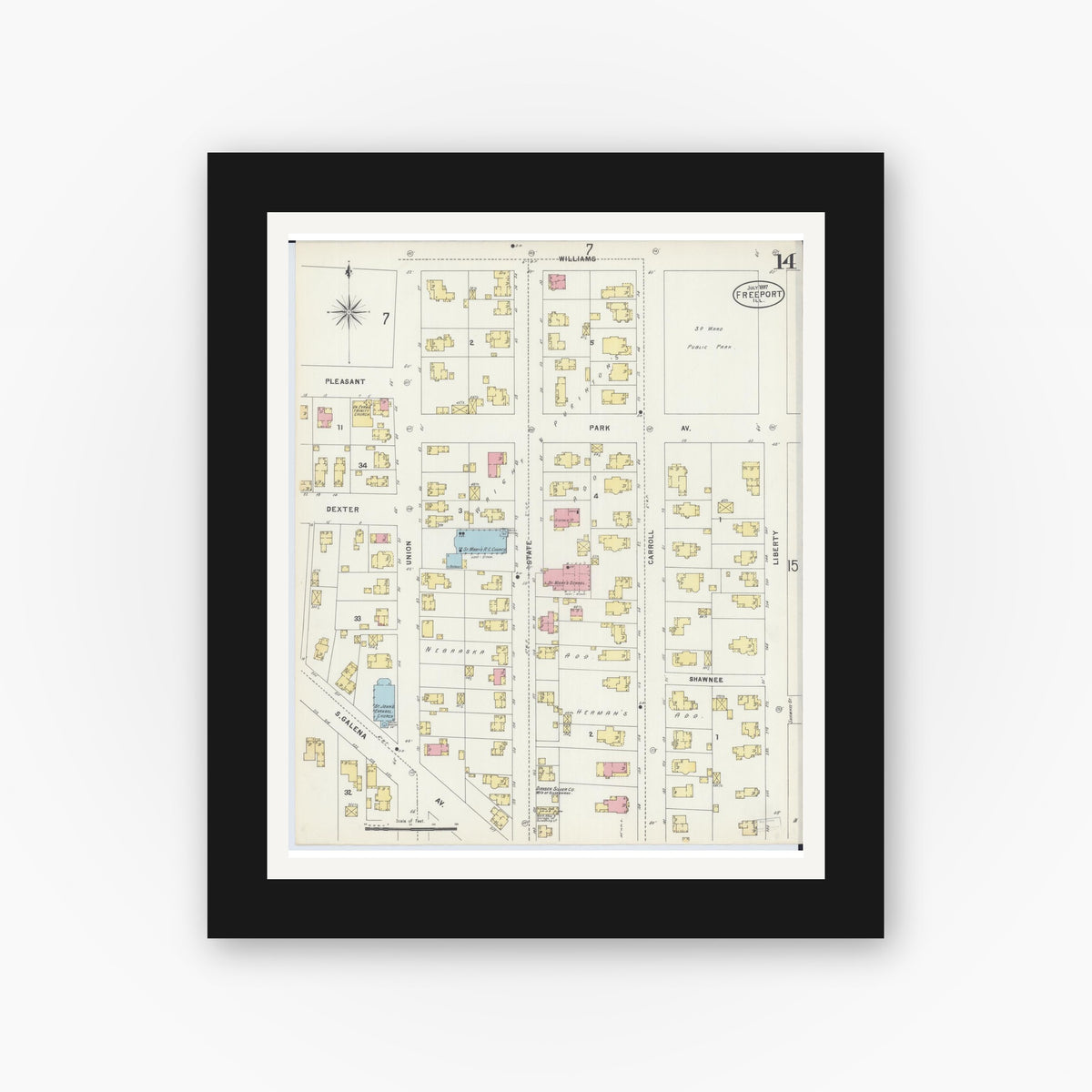 Old map wall art mockup — black gallery frame with white mat — Sanborn Fire Insurance Map from Freeport, Stephenson County, Illinois (1897), Sheet #0014