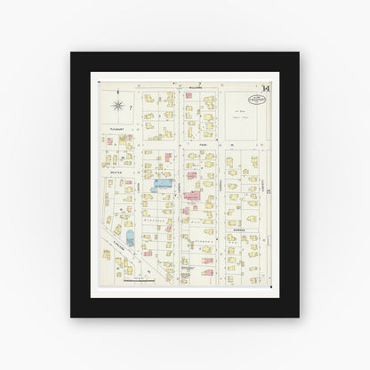 Old map wall art mockup — black gallery frame with white mat — Sanborn Fire Insurance Map from Freeport, Stephenson County, Illinois (1897), Sheet #0014